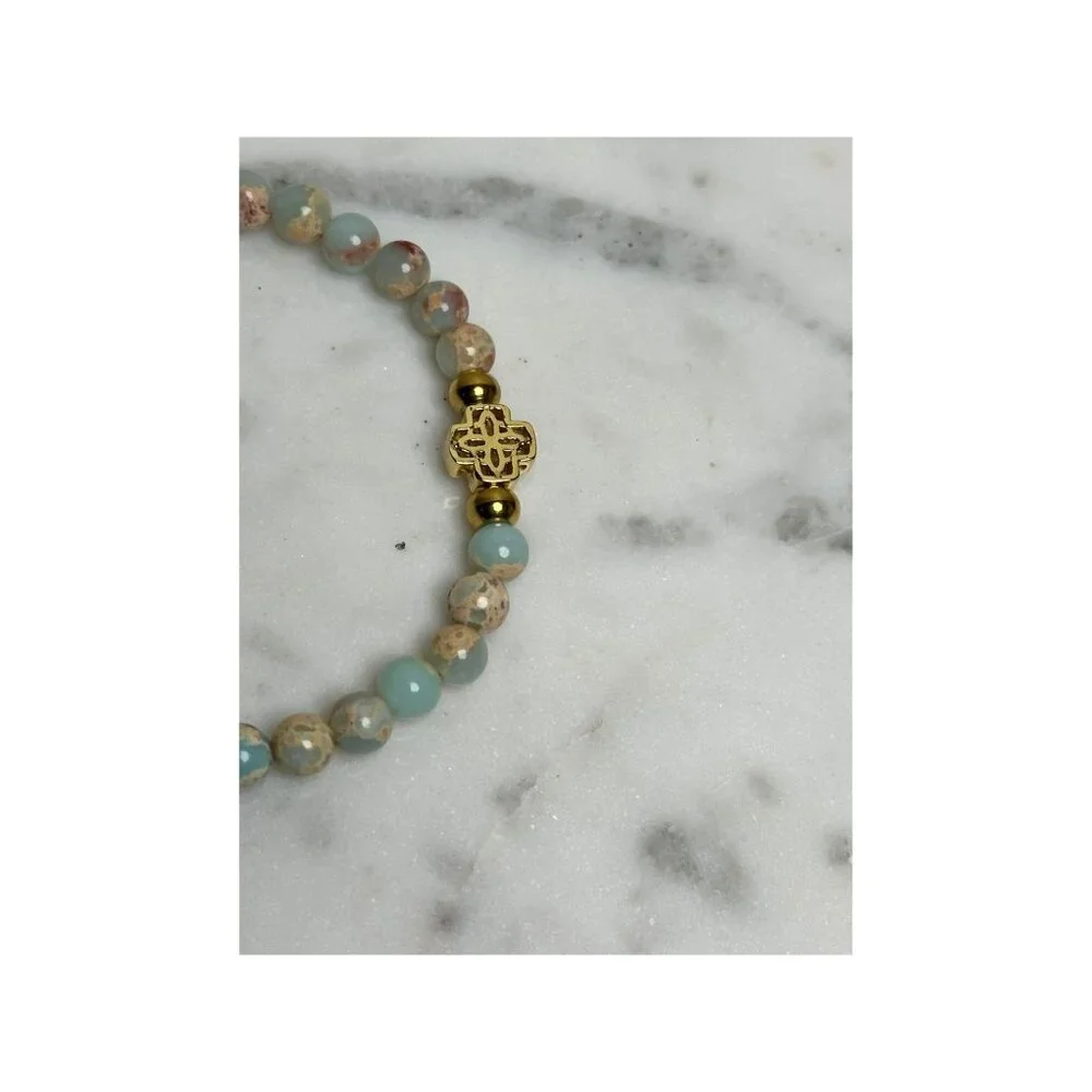 Handmade Aqua Terra Jasper Beaded Stretch Bracelet with Gold-Plated Cross Charm